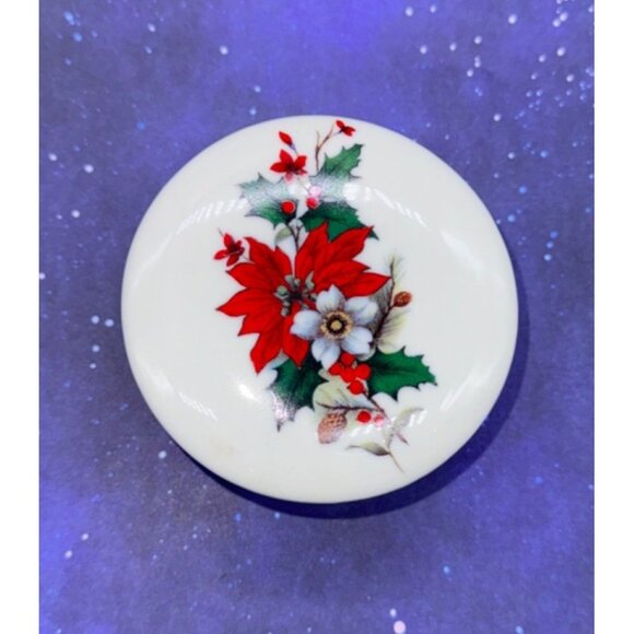 Vtg Christmas Trinket Box Floral Design Porcelain 3.5" Dia. Decor Gift Box - Picture 1 of 5